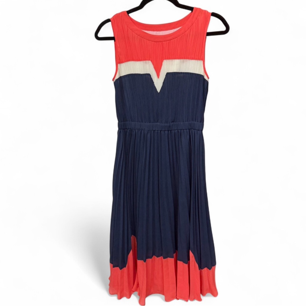 Five Plus Colorblock Micro-Pleated Midi Dress Navy Coral Cream Size S - Picture 2 of 8